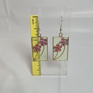 #196- Rectangular Silver Earrings with Floral Red and Pink Design